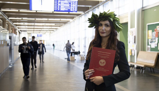 Studentessa laureata con tesi tra le braccia