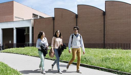 Due studentesse e uno studente che camminano lungo il viale all'interno di un campus universitario