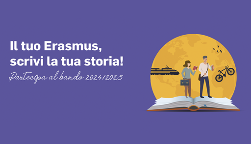 Una figura maschile ed una femminile, versione fumetto, con abiti e accessori da viaggio, camminano su un libro aperto. Testo: Il tuo Erasmus: scrivi la tua storia!