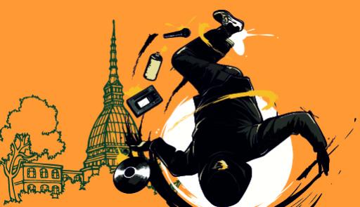 Ballerino di hip-hop che balla su uno sfondo colorato, versione fumetto