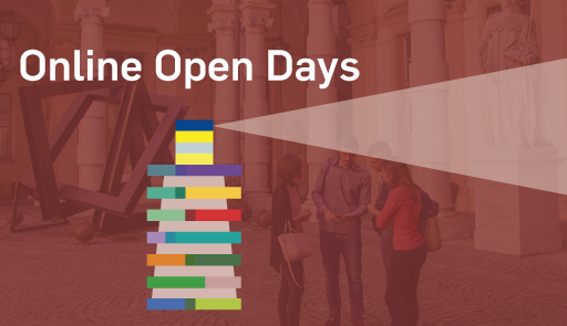 grafica con faro e testo: Online Open Days: Study in English at UniTo