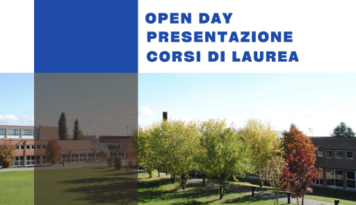 grafica con sfondo del campus e scritta open day presentazione corsi di laurea in blu