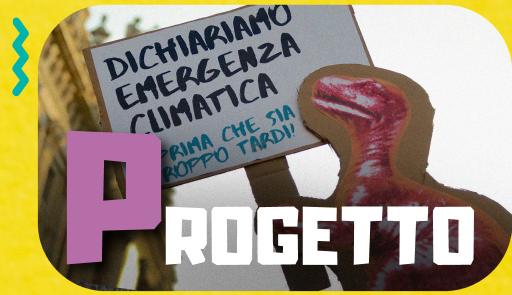 Il dinosauro rosa tiene un cartello "Dichiariamo emergenza climatica"
