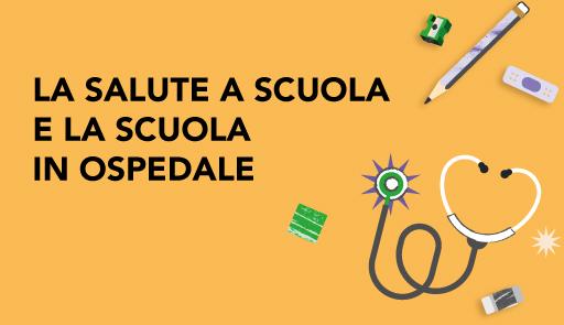 La salute e la scuola in ospedale, sfondo giallo con disegni di oggetti scolastici e strumenti medici come penne e stetoscopi