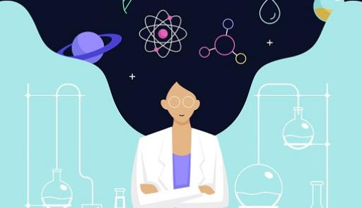 Grafica di una donna con capelli e simboli scientifici che volano