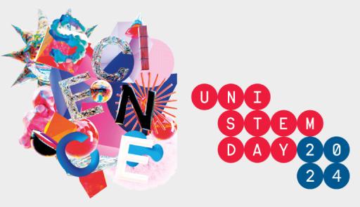 grafica con sfondo chiaro con scritta unistem day in rosso e 2024 in blu sulla destra e un disegno colorato sulla sinistra