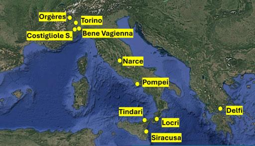 Mappa dell'Italia con i siti archeologici