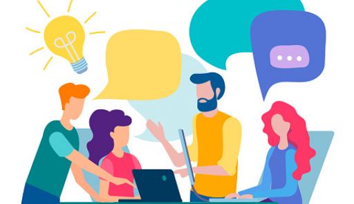 Persone stilizzate attorno a un tavolo che condividono un'idea
