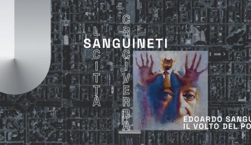 Immagine di una mappa di città con fotografia di Sanguineti e titolo dell'evento 'Sanguineti il volto del poeta'