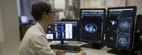 Una ricercatrice osserva delle analisi mediche al PC