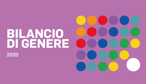 sfondo viola con cerchi colorati e testo bilancio di genere 2020