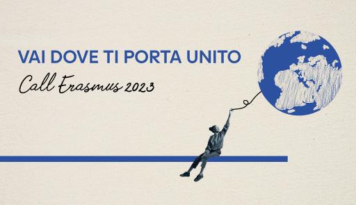 ragazza seduta su una linea blu che sorregge un palloncino a forma di mondo e testo:  Vai dove ti porta UniTo