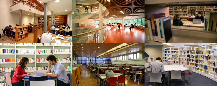 4 foto affiancate l'una all'altra con 4 interni delle biblioteche di Unito