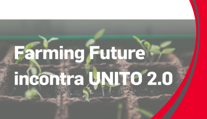 L'immagine rappresenta la locandina dell'evento: il titolo "Farming Future" scritto in bianco è posto sopra l'immagine di alcuni germogli che stanno spuntando.