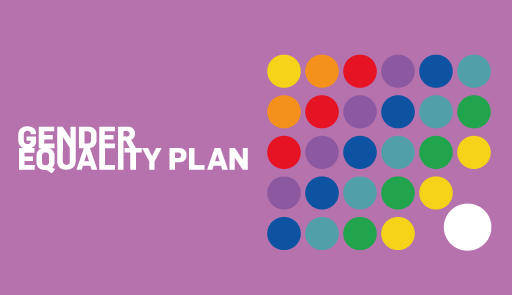 sfondo viola con cerchi colorati e testo Gender Equality Plan