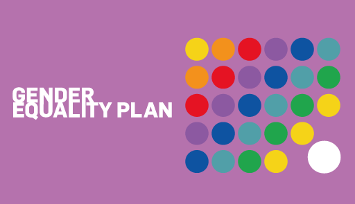 sfondo viola con cerchi colorati e testo Gender Equality Plan 