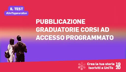 Grafica della campagna immatricolazioni 19-20 con scritta PUBBLICAZIONE GRADUATORIE CORSI AD ACCESSO PROGRAMMATO