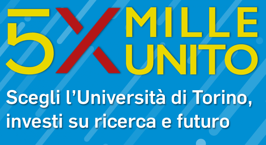 Scegli l'Università di Torino nella tua Dichiarazione dei Redditi ricercatori intenti alle loro attività e frase: scegli l'università di Torino, investi su ricerca e futuro