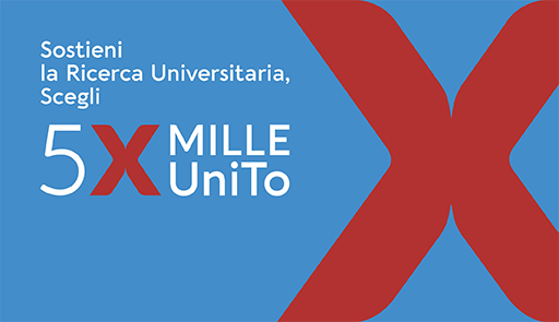 Frase: "Sostieni la Ricerca Universitaria, scegli 5 x mille x unito" su sfondo colorato