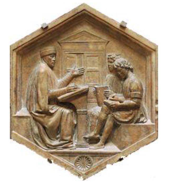 Immagine: Luca della Robbia, Prisciano e la grammatica, formella del Campanile di Giotto, Firenze, 1437-1439.