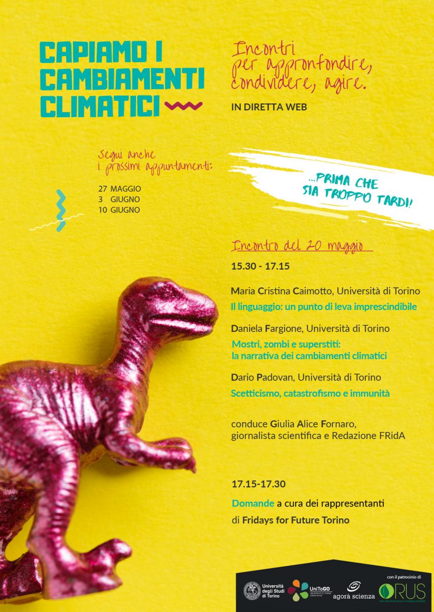 Capiamo i cambiamenti climatici Dinosauro color fucsia si sfondo giallo