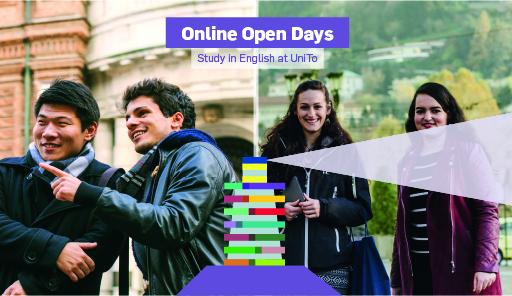 Scritta "Online Open Days", sullo sfondo: foto di due coppie di studenti sorridenti, ragazzi e ragazze , fotografati all'aperto a Torino, faro stilizzato di vari colori