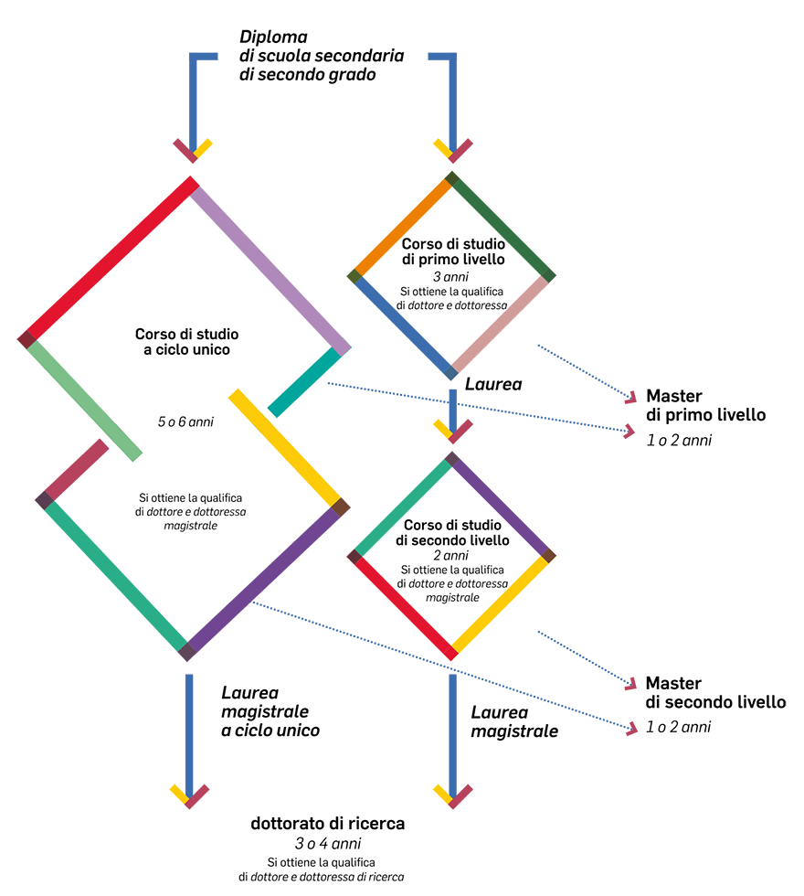 Schema del percorso universitario Con il diploma di scuola secondaria di II grado ti iscrivi a un corso a ciclo unico di 5 o 6 anni o a un corso di studi di I livello di 3 anni. Con il primo diventi dottore magistrale, con il secondo dottore. Dopo puoi accedere a un master di I livello di 1 o 2 anni. Con la laurea accedi a un corso di studi di II livello di 2 anni. Al termine diventi dottore magistrale. Con la laurea magistrale a ciclo unico e con quella magistrale accedi a un master di II livello di 1 o 2 anni o al dottorato di ricerca
