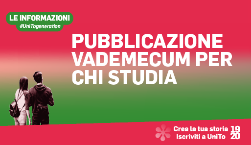 Pubblicazione Vademecum per chi studia Grafica della campagna immatricolazioni 19-20 con scritta PUBBLICAZIONE VADEMECUM PER CHI STUDIA