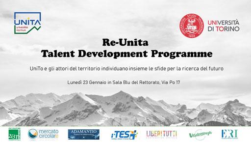 Re-unita Talent Development Programme Immagine di una montagna innevata con titolo dell'evento Re-unita talent development programme