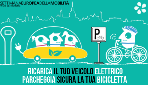 UniTo per la Settimana Europea della Mobilità sostenibile Personaggi buffi stilizzati che si muovono con car sharing e bicicletta