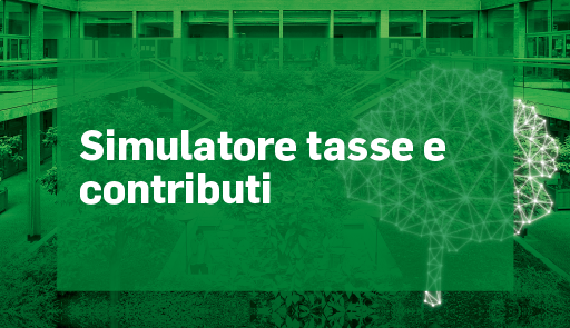 Immagine della sede di biotecnologie con albero illuminato su sfondo verde e scritta 'Simulatore tasse e contributi'