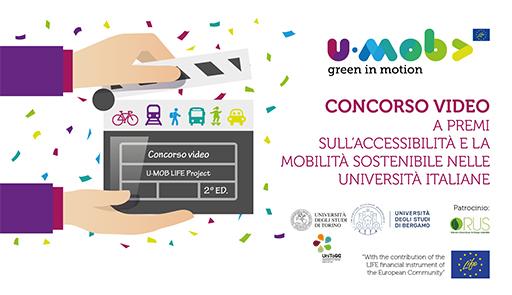 Concorso video a premi U-MOB Disegno di due mani che aprono un ciak cinematografico con loghi riferibili alla mobilità sostenibile