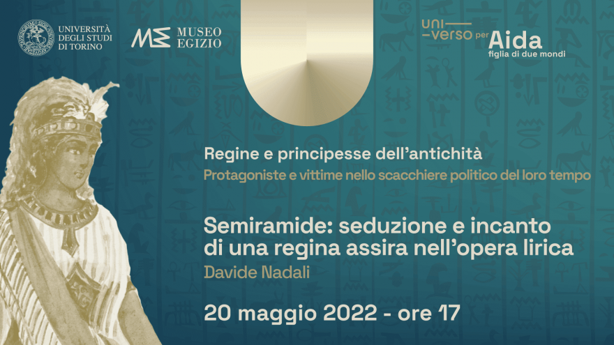 titolo dell'evento su sfondo colorato, figura di Aida stilizzata