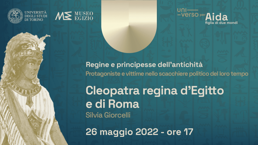 Cleopatra regina d’Egitto e di Roma titolo dell'evento su sfondo colorato, figura di Aida stilizzata