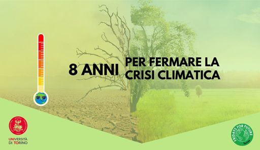 8 anni per fermare la crisi climatica titolo dell'evento su sfondo colorato