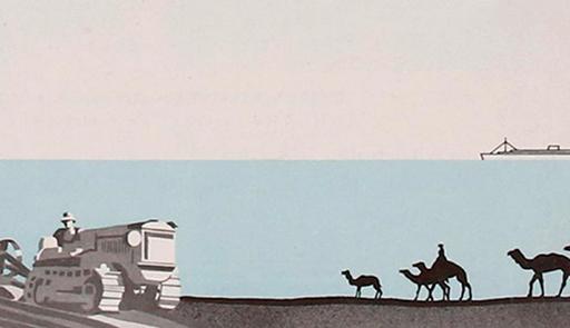 Storie di ebrei tedeschi in fuga Grafica fumetto di un carrarmato su una spiaggia, una fila di cammelli, sullo sfondo il mare