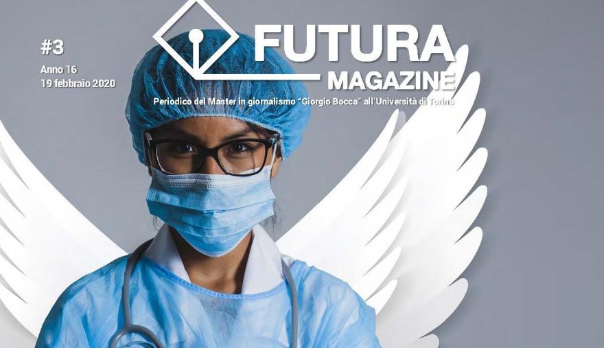 Futura 3/2020 Copertina del terzo numero di Futura: donna medico con ali da angelo disegnate dietro la schiena