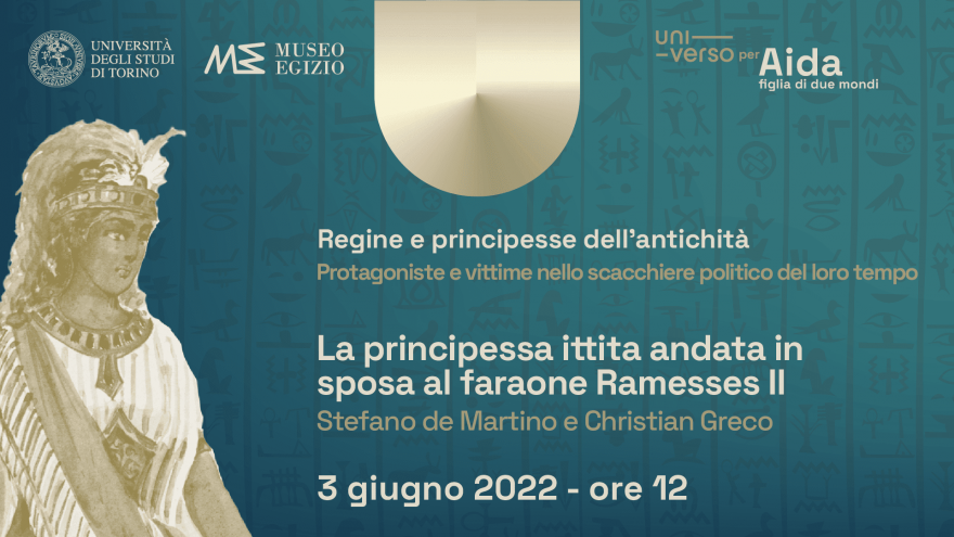 La principessa ittita andata in sposa al faraone Ramesses II titolo dell'evento su sfondo colorato, figura di Aida stilizzata