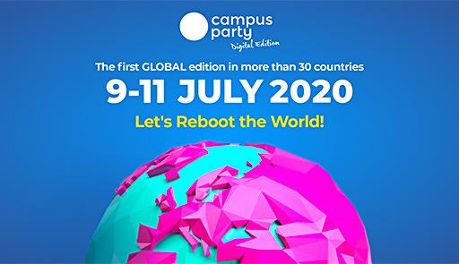Campus party Titolo dell'evento e sullo sfondo un cielo azzurro e un globo terrestre