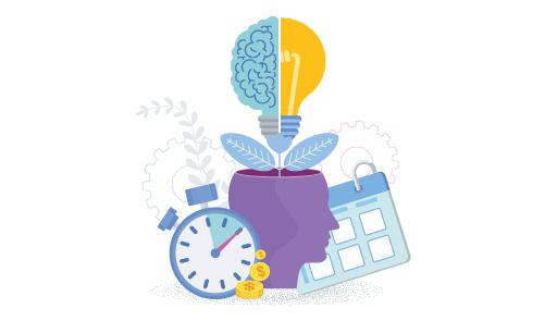 disegno con elementi come lampadina, cervello, testa, calendario e orologio disegno con elementi come lampadina, cervello, testa, calendario e orologio