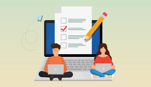 Figure stilizzate di un uomo e una donna, scrivono su un pc portatile, sullo sfondo la pagina di un test