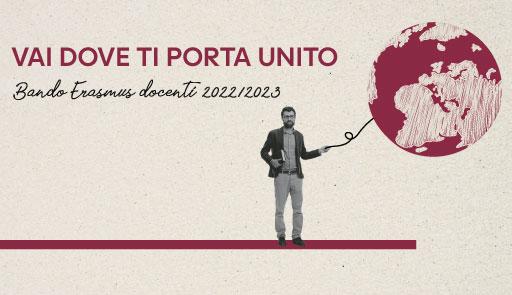 Un docente tiene in mano un palloncino a forma di mondo che rappresenta la mobilità Erasmus con la scritta vai dove ti porta unito