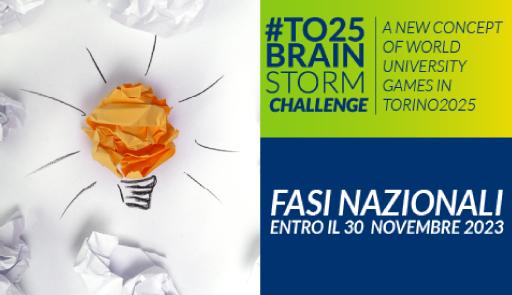 TO25 BRAINSTORM challenge - 9 grandi sfide per cambiare il mondo Titolo dell'avviso su sfondo colorato, lampadina di carta