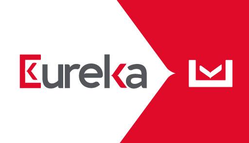 Logo del nuovo servizio bibliotecario Eureka con elemento grafico che ricorda un libro aperto