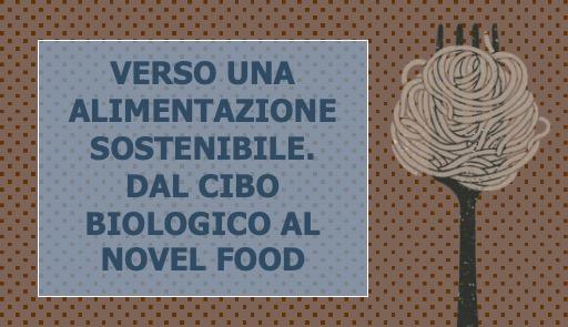 Su fondo marrone con puntini neri, il disegno di una forchetta con sopra i denti degli spaghetti arrotolati e accanto un riquadro con scritto: Verso una alimentazione sostenibile. Dal cibo biologico al novel food