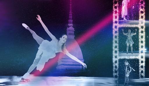 CUS Torino promuove "Cinema on Ice" al Palavela pattinatrice su ghiaccio, sullo sfondo la Mole