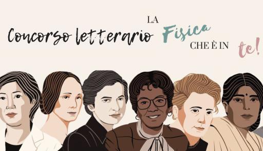 Volti stilizzati di diverse protagoniste del progresso scientifico nel campo della Fisica