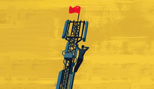 grafica su sfondo giallo con illustrazione di gru, persona stilizzata e bandiera rossa in cima