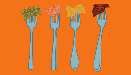 Indagine nazionale sulle conoscenze alimentari forchette con vari cibi su sfondo colorato