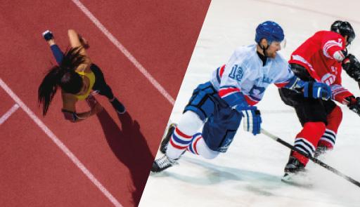 Fotografie di due atleti in una pista di atletica e in un campo da hockey
